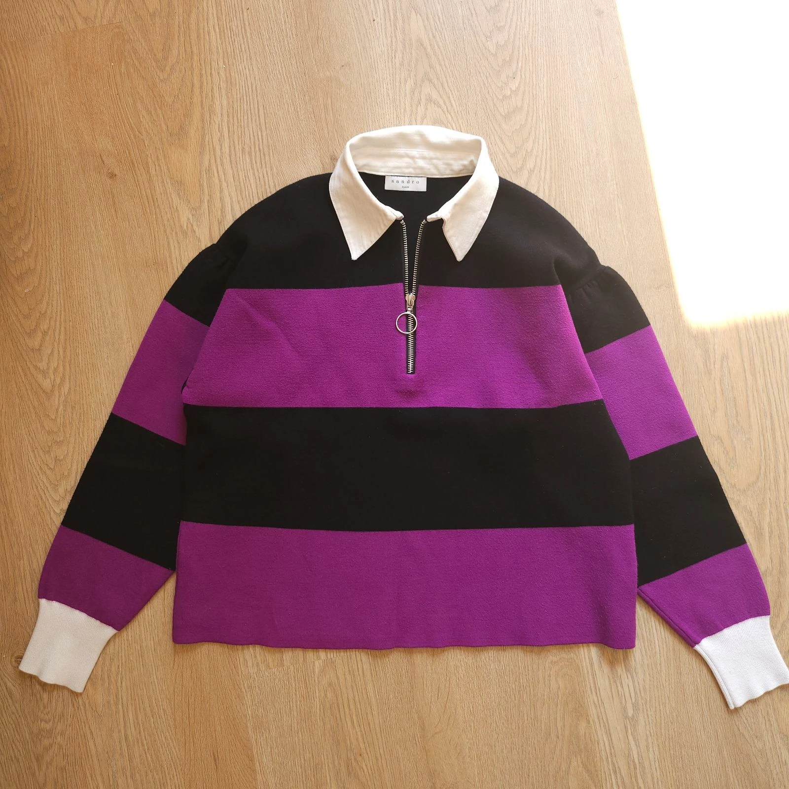 Sandro suéter rayado violeta negro cuello camionero con cremallera – photo 2